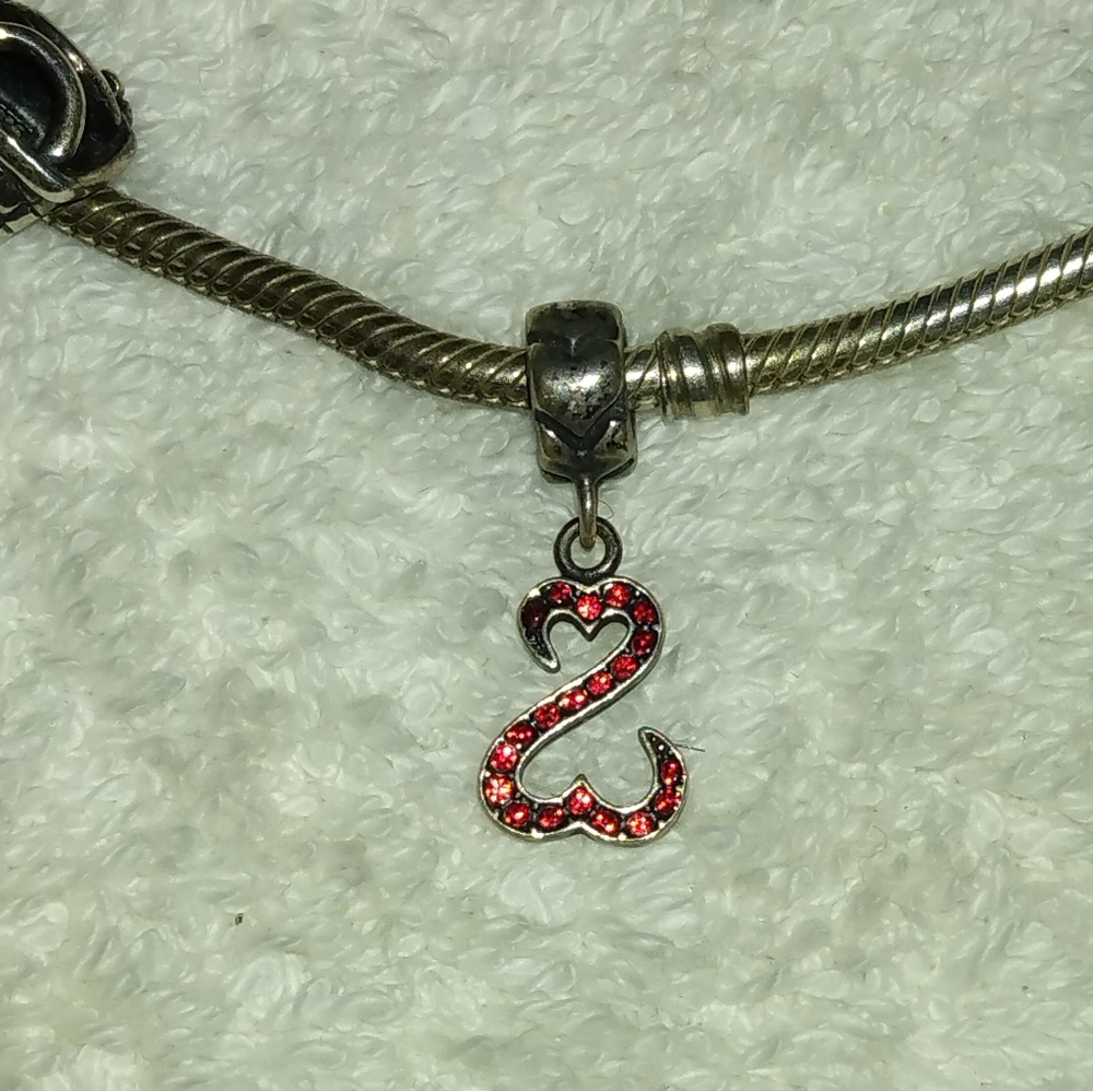 Sterling Silver Red Rhinestone Open Double Hearts Bracelet Charm